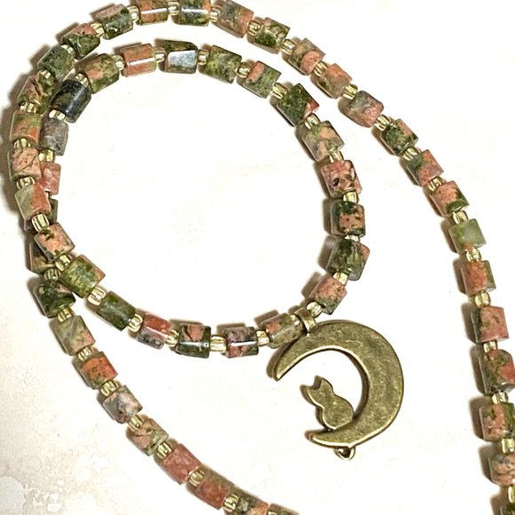 Unakite Stone Bronze Cat on the Moon Necklace, Genuine Gemstone Beaded Necklace - Picture 5 of 9